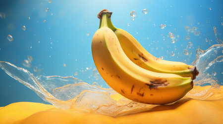Bananas in water splashes on a yellow background. 3d renderingの素材