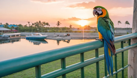 Beautiful macaw bird sitting on the bridge with sunset background.の素材
