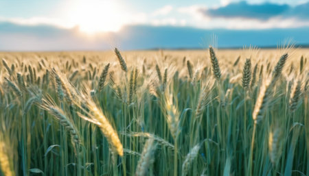 Wheat field. Ears of golden wheat close-up. Beautiful Nature Sunset Landscape. Rural Scenery under Shining Sunlight. Rich harvest Conceptの素材