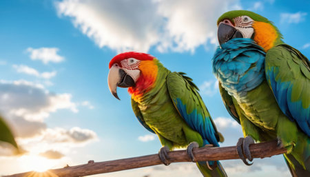 Couple of colorful macaws sitting on a branch in the sunlightの素材