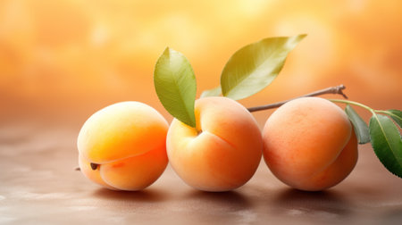 Apricots with leaves on a brown background, close-upの素材