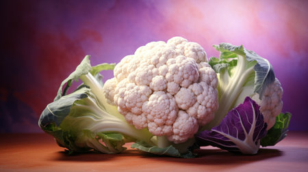 Cauliflower on wooden table, close up. Vegetarian food.の素材