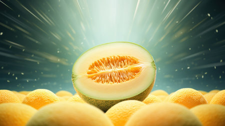 Melon fruit with rays of light. 3d illustration. Healthy food conceptの素材