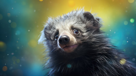 Portrait of cute black pomeranian dog on colorful background.の素材