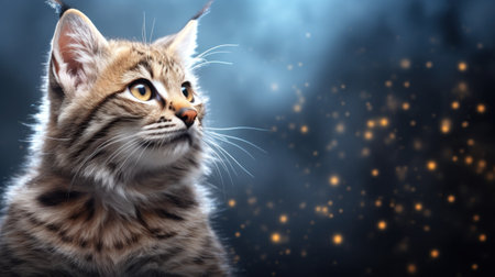 Portrait of a kitten on a black background with lights and starsの素材