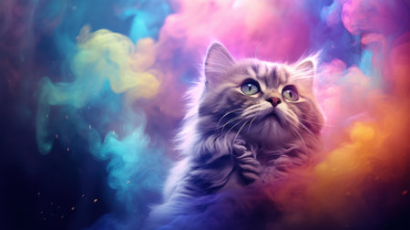 Persian cat on colorful smoke background. Portrait of a cat.の素材