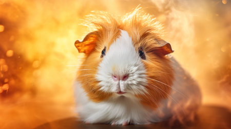 Cute guinea pig on a background of orange and yellow smokeの素材