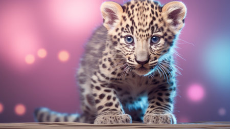 Cute leopard cub sitting on wooden table with bokeh backgroundの素材