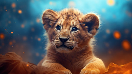 Cute little lion cub on a blue background with a bright bokehの素材