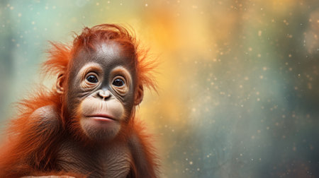 Portrait of a cute baby orangutan on blurred background.の素材
