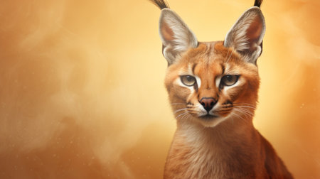 Portrait of a beautiful caracal cat on a yellow backgroundの素材