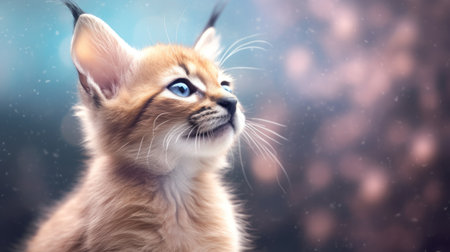 Cute Little Caracal kitten with blue eyes on blurred backgroundの素材