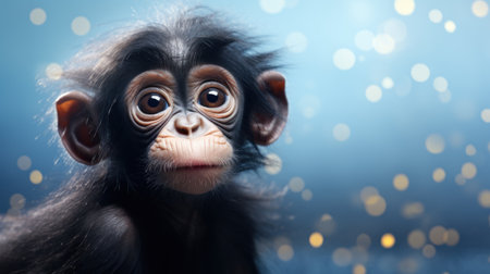 Chimpanzee monkey on blue background with bokeh.の素材