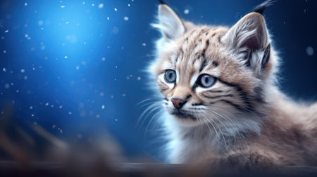 Portrait of a beautiful lynx cat with blue eyes. Blue background.の素材