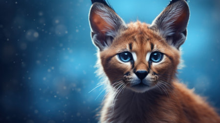 Cute Caracal kitten with blue eyes on a blue backgroundの素材