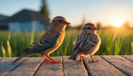 Two little birds sitting on the wooden floor in the field at sunsetの素材