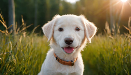 Labrador retriever puppy in the park at sunset. Pet animalsの素材