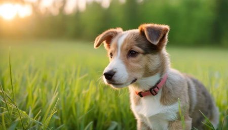 Portrait of a cute puppy on a green meadow at sunsetの素材