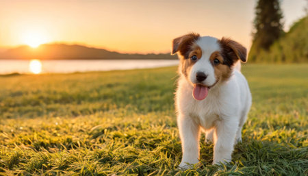 Cute puppy of Australian Shepherd sitting on the grass at sunset.の素材