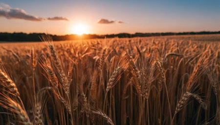Sunset or sunrise over a field with ears of golden wheat.の素材