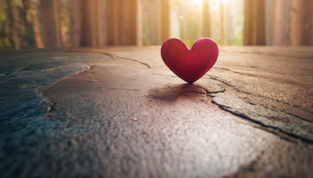 Red heart on wooden floor with sunlight background. Valentine's day concept.の素材