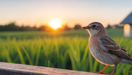 Close up of a little bird in a rice field at sunset.の素材