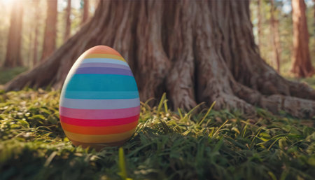 Colorful easter egg in the park. Happy easter concept.の素材