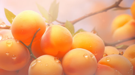 Ripe apricots with water drops on a branch close upの素材