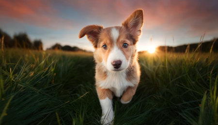 Portrait of cute red border collie puppy on green grass at sunsetの素材