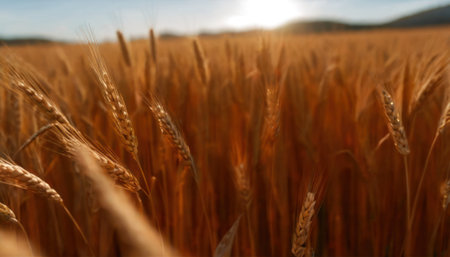 Close up of golden ears of wheat in the field at sunset.の素材
