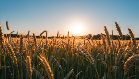Wheat field. Ears of golden wheat close-up on the background of the setting sun.の素材