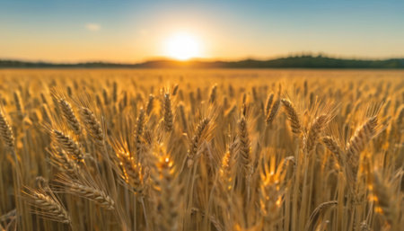 Wheat field. Ears of golden wheat close up. Beautiful Nature Sunset Landscape.の素材