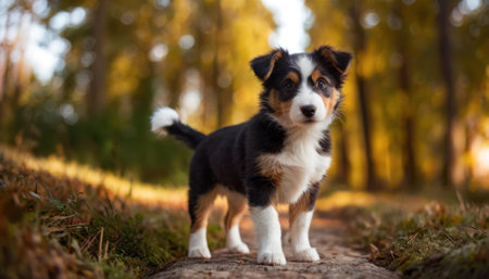 Cute tricolor puppy of Australian Shepherd walks in autumn parkの素材