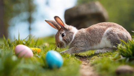 Rabbit and easter eggs on green grass. Easter background.の素材