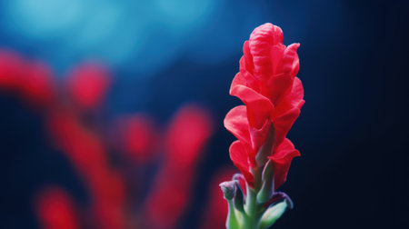 Beautiful red flower on dark blue background with bokeh.の素材