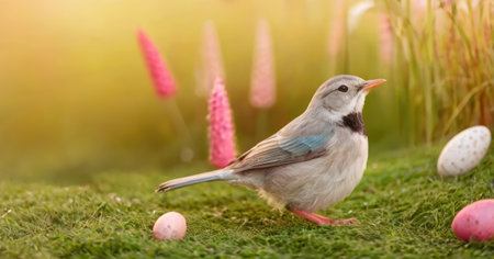 Cute little bird on the grass with Easter eggs in the backgroundの素材