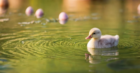 Duckling swimming in the water with pink eggs in the backgroundの素材