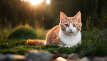 Cute red cat sitting on the grass in the sunset light.の素材
