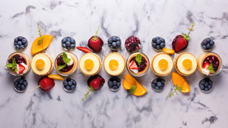 Dessert with different fruits and berries on a marble background, top viewの素材
