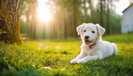 Cute golden retriever puppy sitting on green grass in the parkの素材