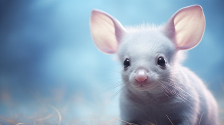 Cute little white mouse on a blue background with copy space.の素材