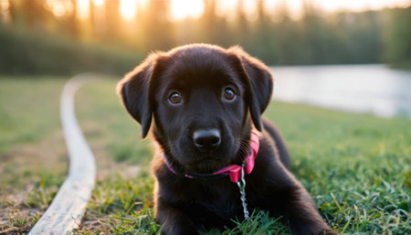 Labrador Retriever puppy sitting on the grass in sunset lightの素材