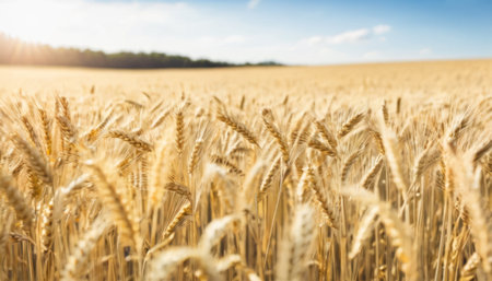 Wheat field. Ears of golden wheat close-up. Rich harvest Concept.の素材