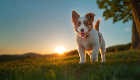 Cute puppy running on green grass at sunset in the evening.の素材