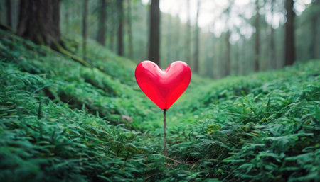 Red heart shaped balloon in the forest. Valentine's day concept.の素材