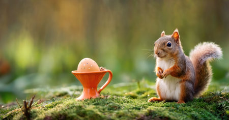 Easter greeting card with cute squirrel and easter egg in the forestの素材