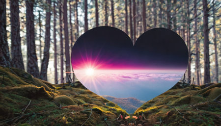 Digital composite of Heart shape with forest and sunset in the background.の素材
