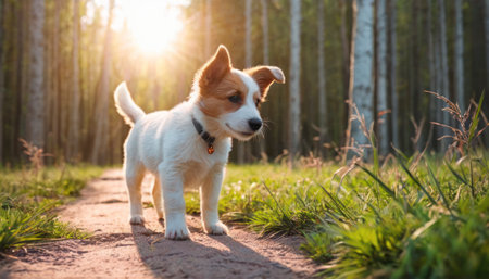 Jack Russell Terrier puppy on the path in the forest at sunsetの素材