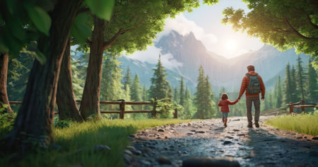 Father and daughter walking in the forest. The concept of active family.の素材