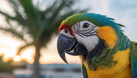 beautiful macaw parrot in the park at sunset, close upの素材